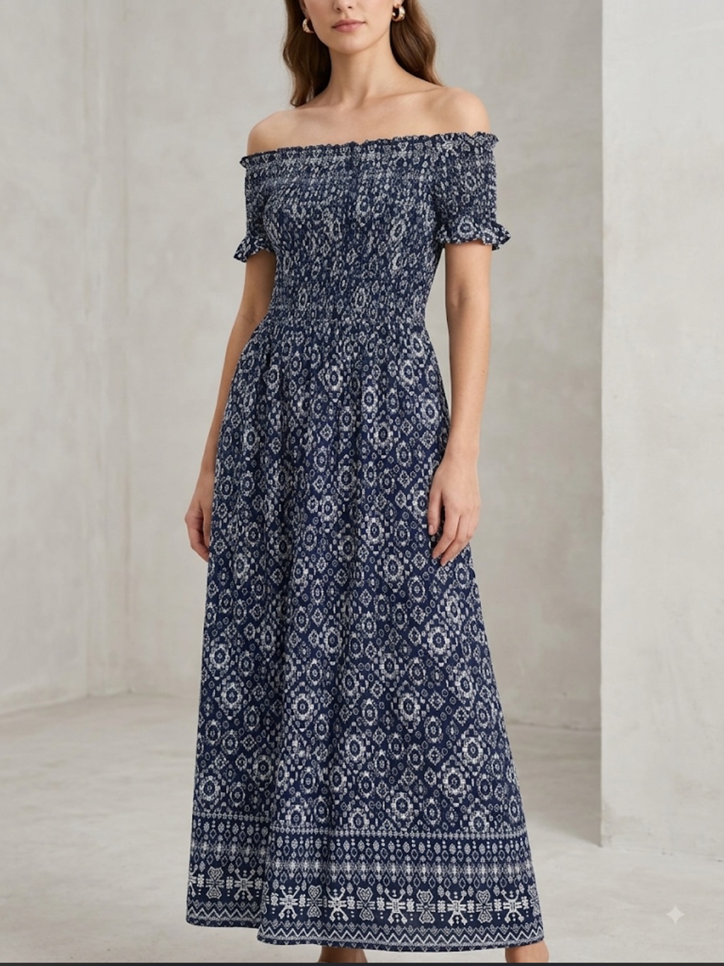 Smocked Off-Shoulder Navy Blue Printed Maxi Dress
